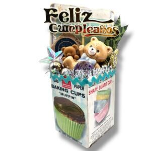 Birthday Teddy Bears Cupcake Centerpiece - Assemblage Diorama Decor